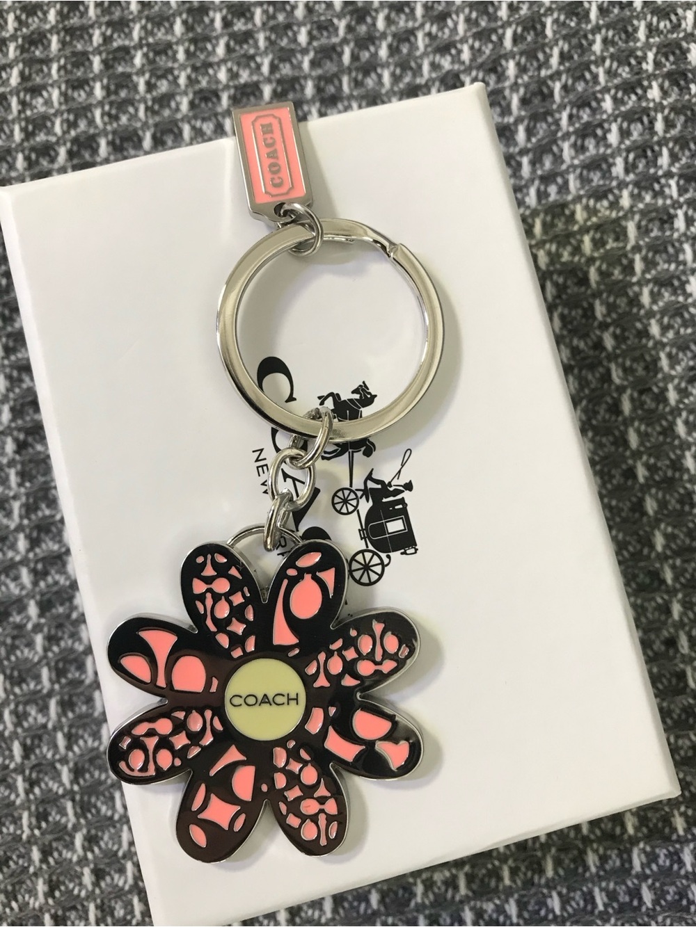 COACH Coral Pink Floral Logo Keyring Charm